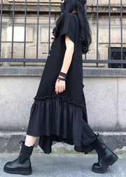 French Black Ruffled Print Patchwork Cotton Long Dresses Summer