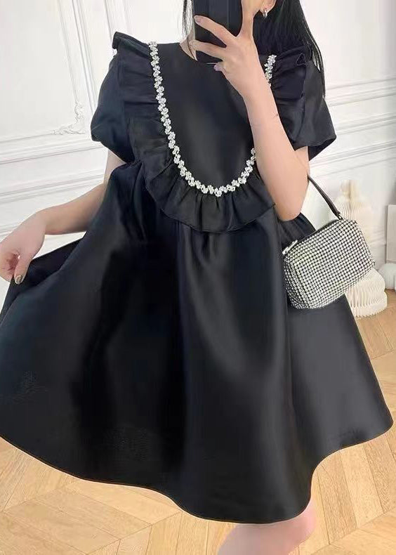 French Black Ruffled Zircon Cotton Mid Dress Summer