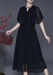 French Black Silm Fit Draping Chiffon Dresses Batwing Sleeve