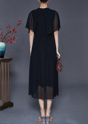 French Black Silm Fit Draping Chiffon Dresses Batwing Sleeve