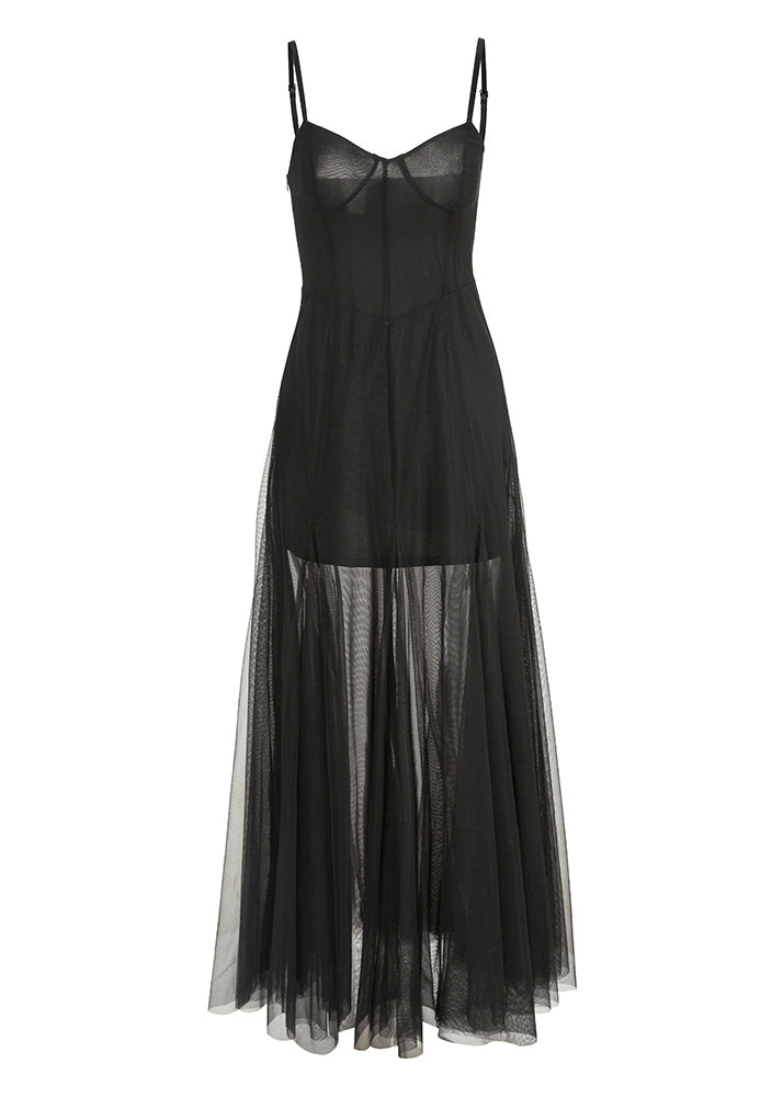 French Black Slash Neck Tulle Holiday Long Slip Dress Sleeveless