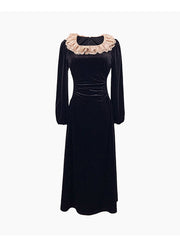 French Black Square Collar Lace Slim Fit Velvet Dresses Spring