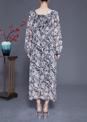 French Black Square Collar Oversized Print Chiffon Long Dress Lantern Sleeve