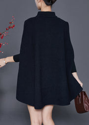 French Black Stand Collar Button Woolen Coats Cloak Sleeves