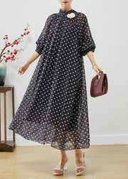 French Black Stand Collar Dot Print Chiffon Long Dress Vestidos Lantern Sleeve