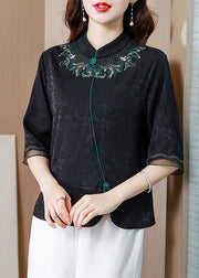 French Black Stand Collar Embroideried Patchwork Silk Shirt Tops Half Sleeve