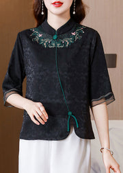 French Black Stand Collar Embroideried Patchwork Silk Shirt Tops Half Sleeve