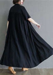 French Black Stand Collar Oversized Cotton Long Dress Summer