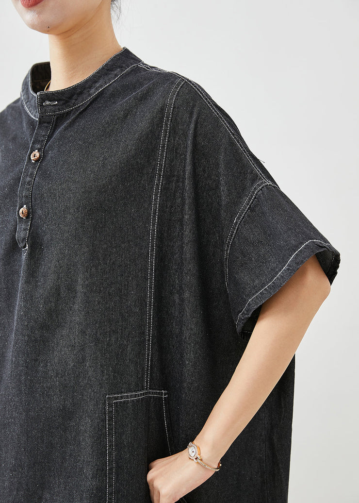 French Black Stand Collar Oversized Denim Holiday Dress Short Sleeve