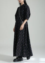 French Black Stand Collar Print Chiffon Shirts Long Dress Summer