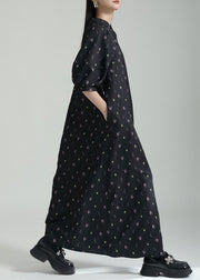 French Black Stand Collar Print Chiffon Shirts Long Dress Summer