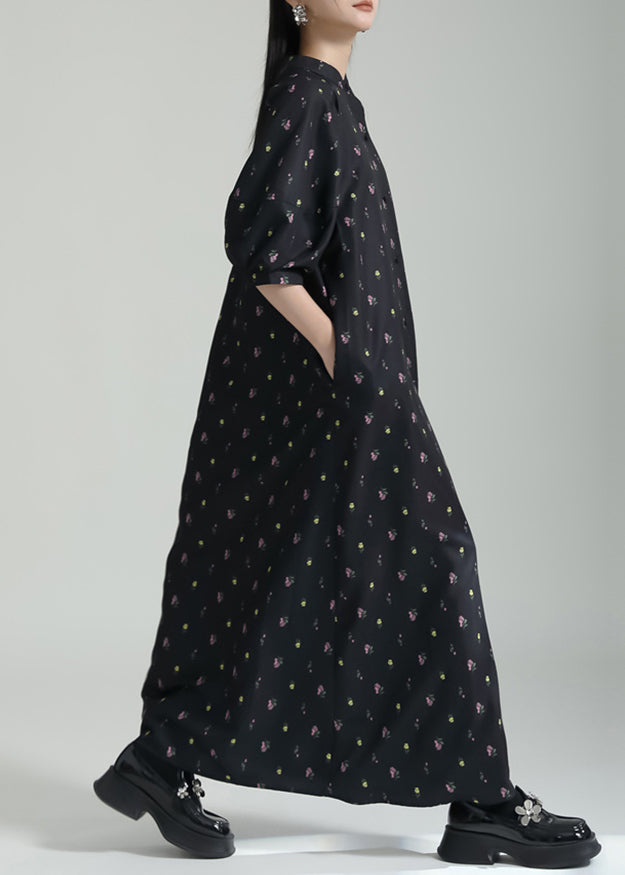 French Black Stand Collar Print Chiffon Shirts Long Dress Summer