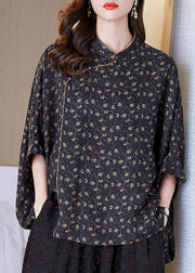 French Black Stand Collar Print Silk Shirt Top Batwing Sleeve