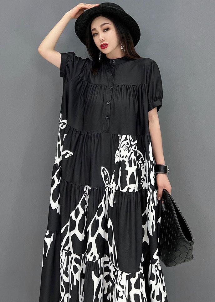 French Black Stand Collar Print Wrinkled Shirt Dresses Short Sleeve