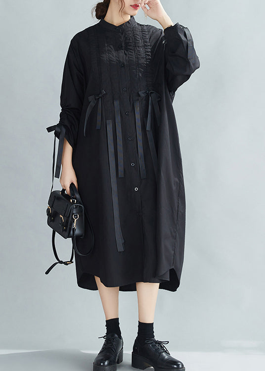 French Black Stand Collar Wrinkled Cinched Bow Cotton Shirt Dress Spring