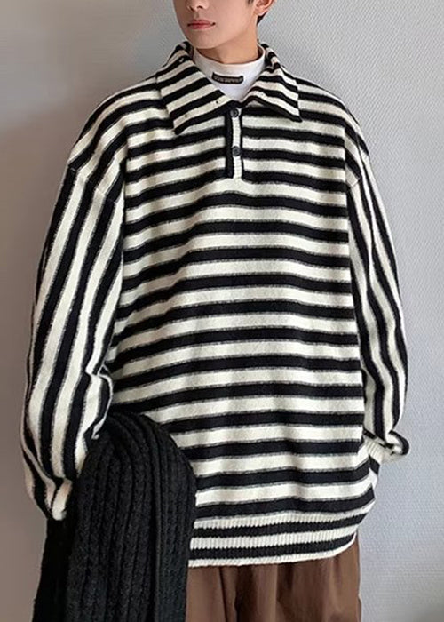 French Black Striped Button Knit Men Sweaters Winter