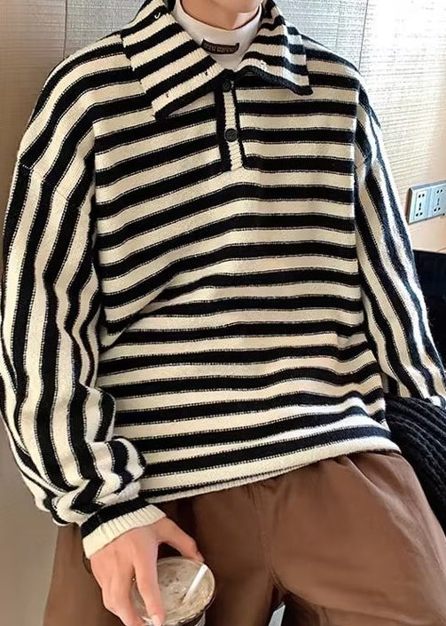 French Black Striped Button Knit Men Sweaters Winter