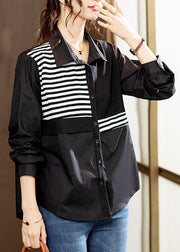 French Black Striped Button Patchwork Cotton Shirts Fall