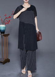 French Black Striped Side Open Chiffon Two Pieces Set Summer