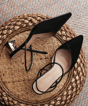 French Black Suede Splicing Chunky Sandals Pointed Toe