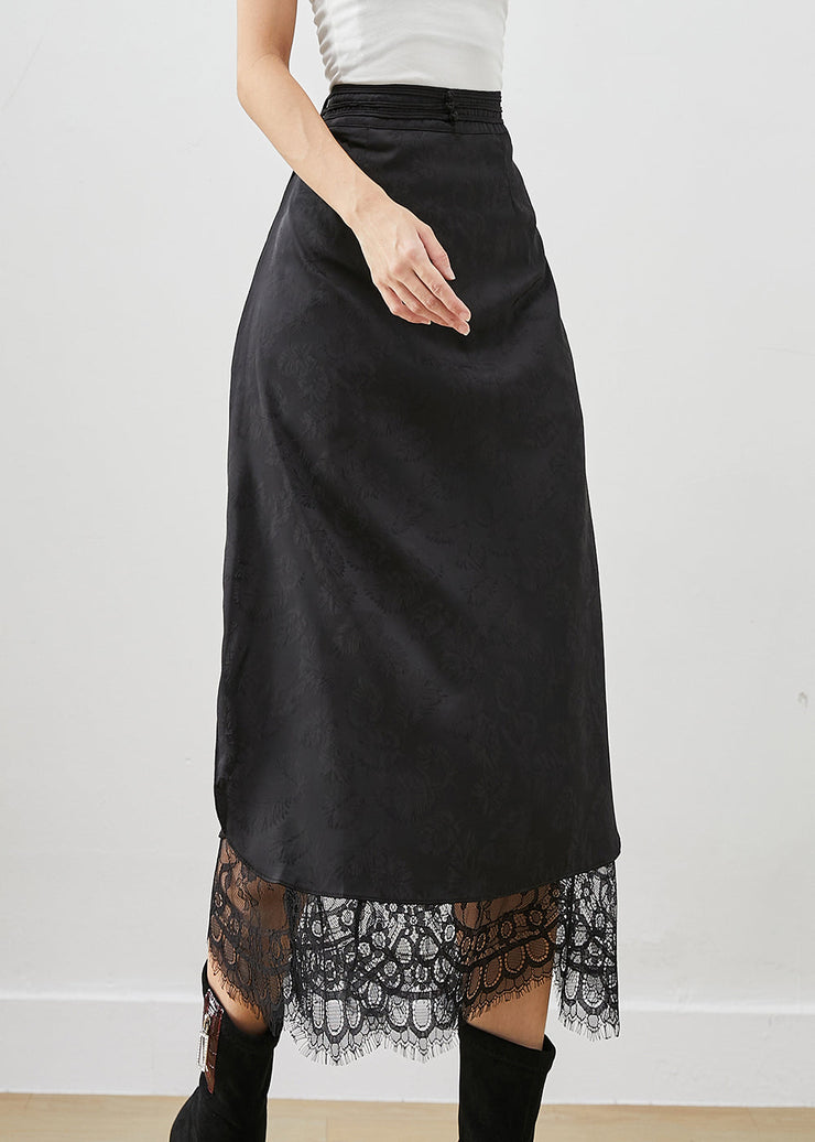 French Black Tasseled Patchwork Lace Silk Skirt Fall