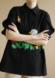 French Black Turn-down Collar Ruffled Character Applique Cotton Shirts Short Sleeve