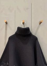 French Black Turtleneck Fluffy Patchwork Woolen Cape Tops Spring