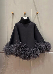 French Black Turtleneck Fluffy Patchwork Woolen Cape Tops Spring