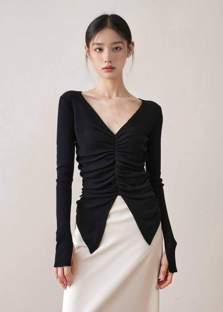 French Black V Neck Asymmetrical Slim Fit Knit Tops Fall