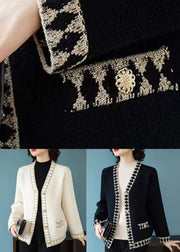 French Black V Neck Button Patchwork Knit Coats Fall