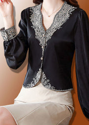 French Black V Neck Embroideried Chiffon Blouses Long Sleeve