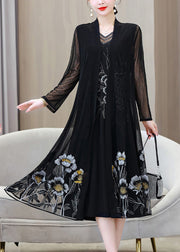 French Black V Neck Embroideried Floral Ice Silk Long Sunscreen Cardigans Summer