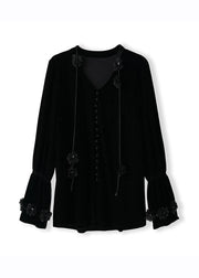 French Black V Neck Floral Silk Velour Shirts Fall