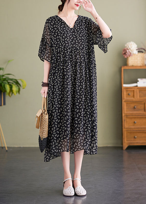 French Black V Neck Hooded Print Chiffon Dress Summer