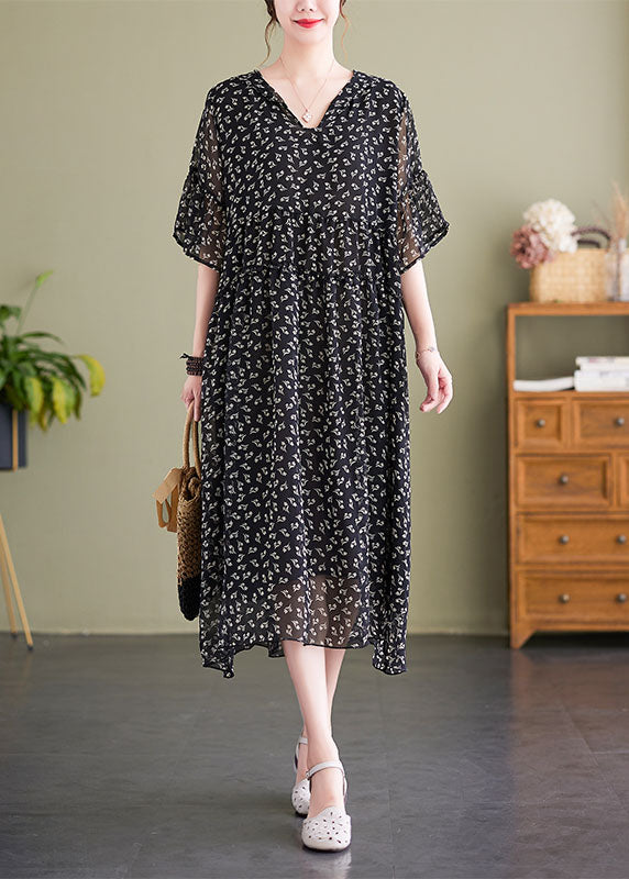 French Black V Neck Hooded Print Chiffon Dress Summer