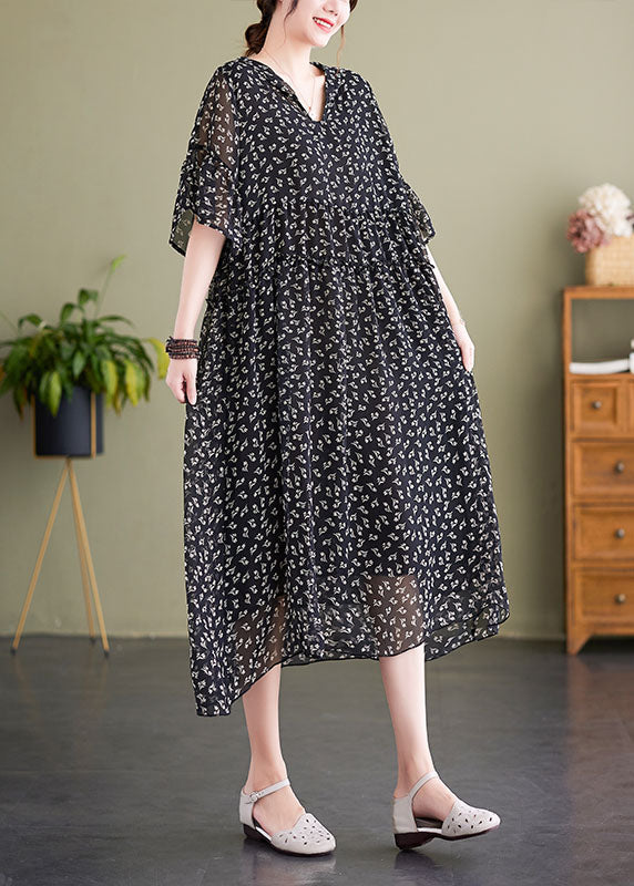 French Black V Neck Hooded Print Chiffon Dress Summer