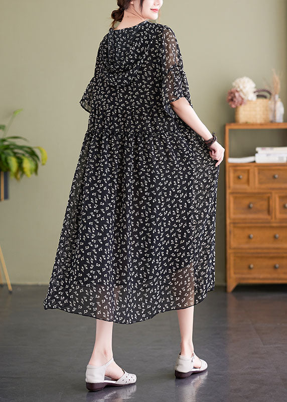 French Black V Neck Hooded Print Chiffon Dress Summer