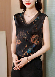 French Black V Neck Organza Patchwork Print Silk Vests Sleeveless