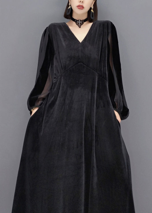 French Black V Neck Pocket Patchwork Velour Dress Autumn