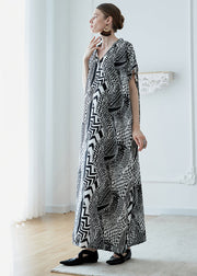 French Black V Neck Print Pockets Chiffon Robe Dresses Summer