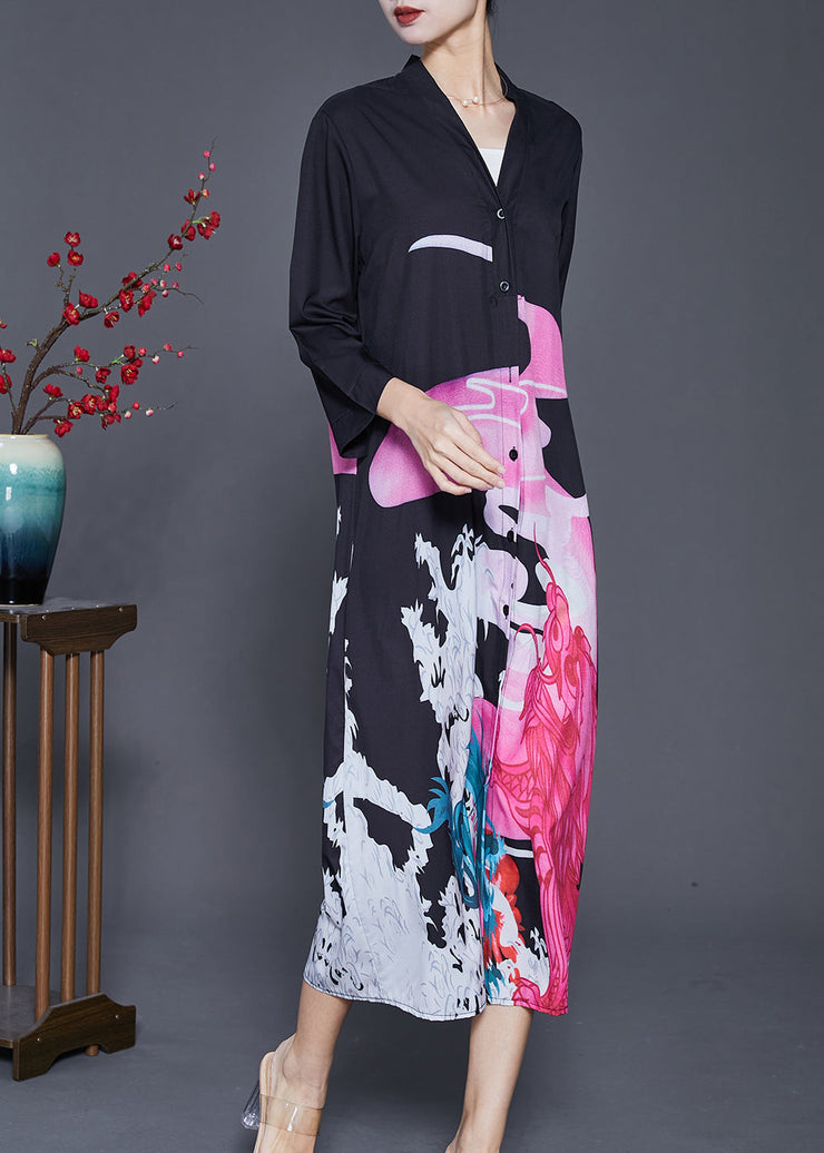 French Black V Neck Print Silk Long Dresses Spring