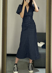 French Black V Neck Striped Slim Chiffon Long Dresses Short Sleeve