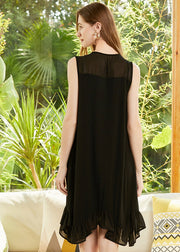 French Black V Neck Tassel Patchwork Ruffles Chiffon Mid Dress Sleeveless