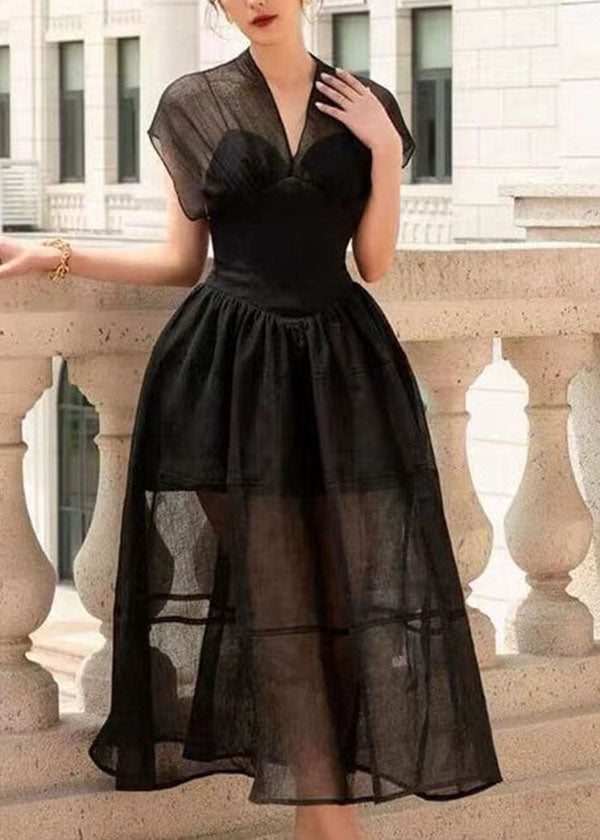 French Black V Neck Wrinkled Patchwork Tulle Dress Summer