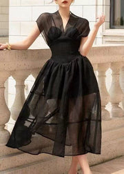 French Black V Neck Wrinkled Patchwork Tulle Dress Summer