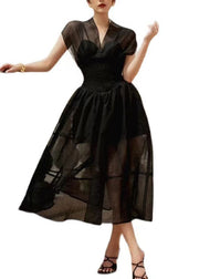 French Black V Neck Wrinkled Patchwork Tulle Dress Summer