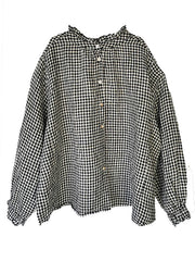 French Black White Plaid Ruffled Cotton Blouses Fall