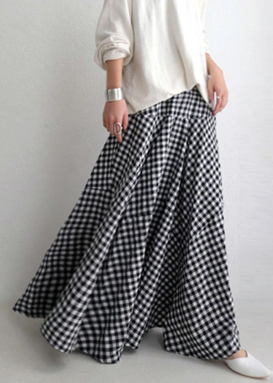 French Black White Plaid Wrinkled Patchwork Cotton Skirts Summer