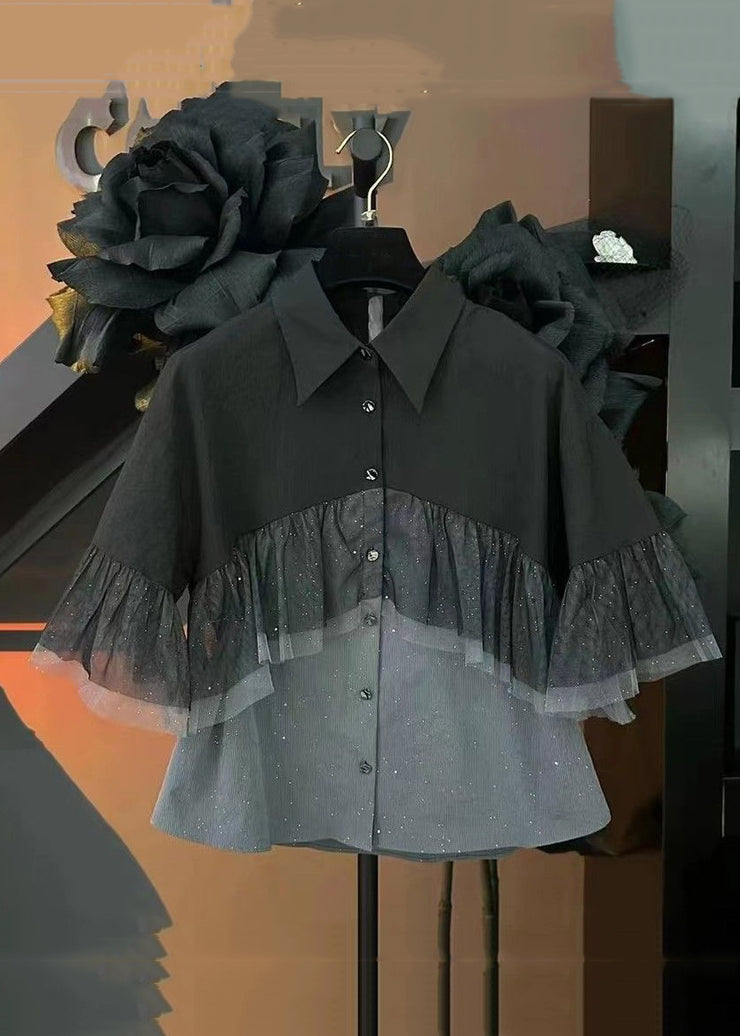 French Black Wrinkled Button Tulle Patchwork Shirt Summer