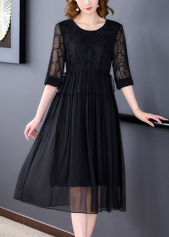 French Black Wrinkled Lace Up Chiffon Long Dress Half Sleeve